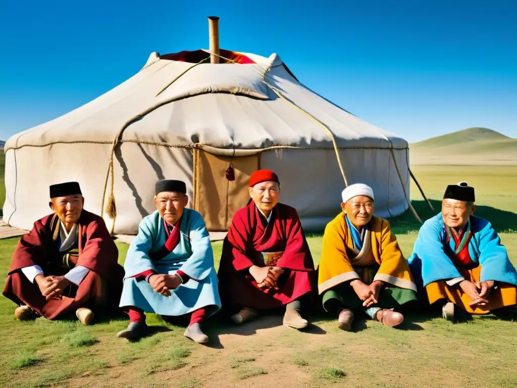 Un círculo de ancianos mongoles conversando bajo un cielo azul, vistiendo trajes tradicionales