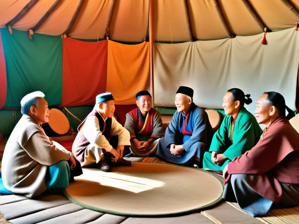 Un círculo de ancianos mongoles conversando animadamente en un ger decorado con tapices coloridos