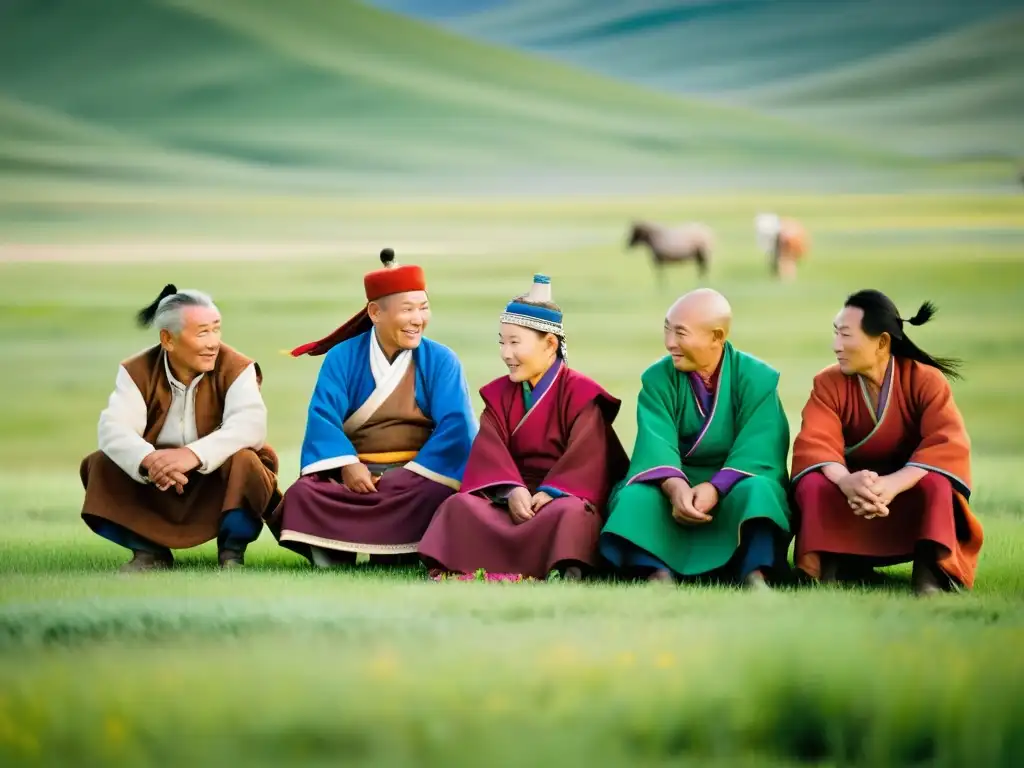 Un círculo de ancianos mongoles vistiendo ropas tradicionales, conversando animadamente en las praderas de Mongolia