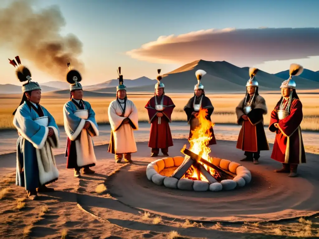 Un círculo de chamanes mongoles en trajes tradicionales realiza un ritual alrededor de una hoguera en la estepa