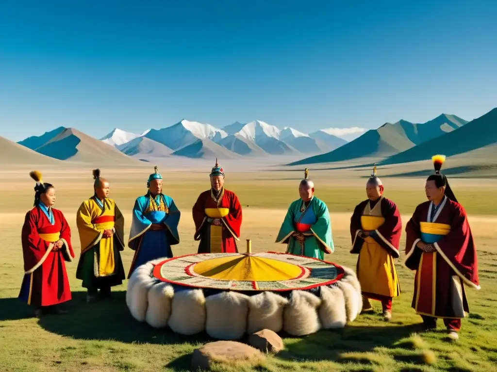 Un círculo de chamanes mongoles en la vasta estepa, realizando un ritual de chamanismo en Mongolia contemporáneo