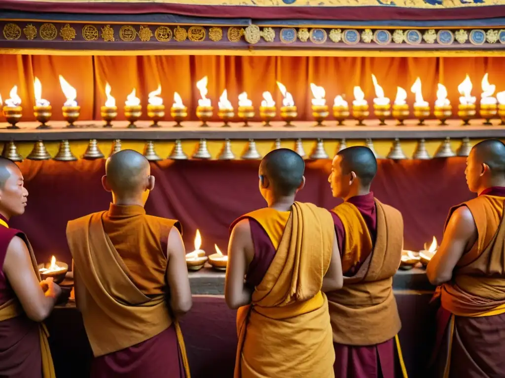 Un círculo de monjes budistas tibetanos en saffron, iluminados por lámparas de mantequilla, realizan un ritual en un monasterio ricamente decorado