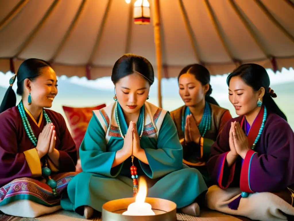 Un círculo de mujeres mongolas viste deels tradicionales, en una yurta iluminada por velas, rezando con cuentas de oración