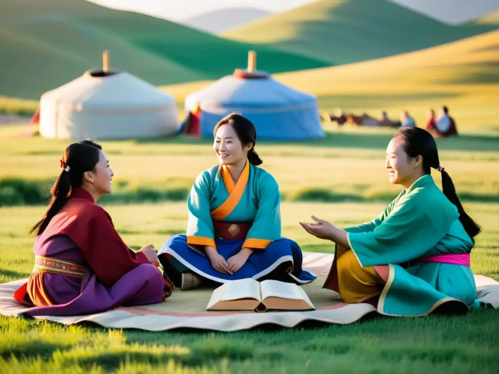 Un círculo de mujeres mongolas vestidas con atuendos tradicionales, compartiendo historias y poesía al atardecer