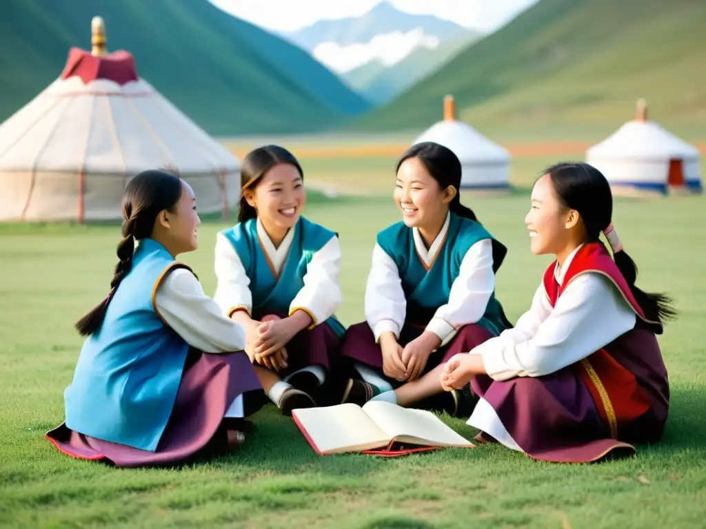 Un círculo de niñas mongoles en atuendos tradicionales discutiendo con entusiasmo actividades educativas, rodeadas de montañas y yurtas bajo el sol