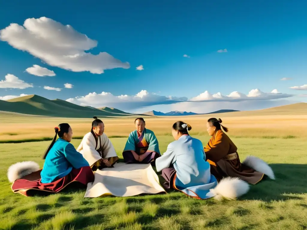 Un círculo de poetas mongoles en la estepa, iluminados por la cálida luz del atardecer