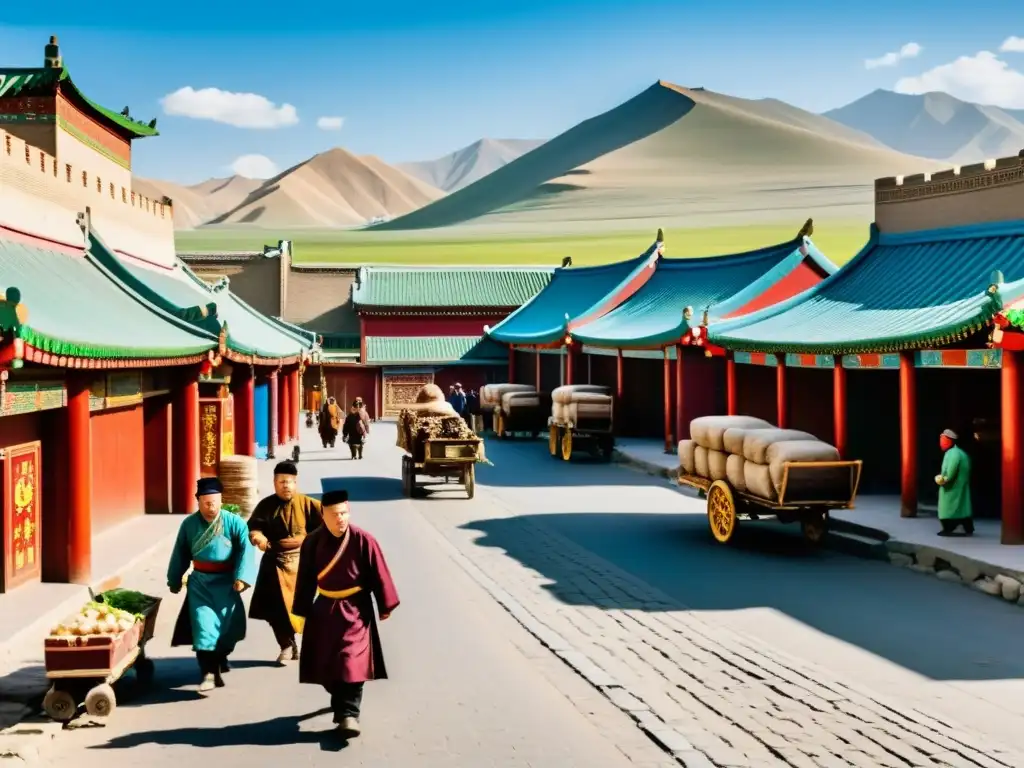 Vida cotidiana en una ciudad bajo el dominio mongol En una ciudad del Imperio Mongol, la vida cotidiana bulle con comerciantes, residentes locales y soldados, reflejando la diversidad cultural