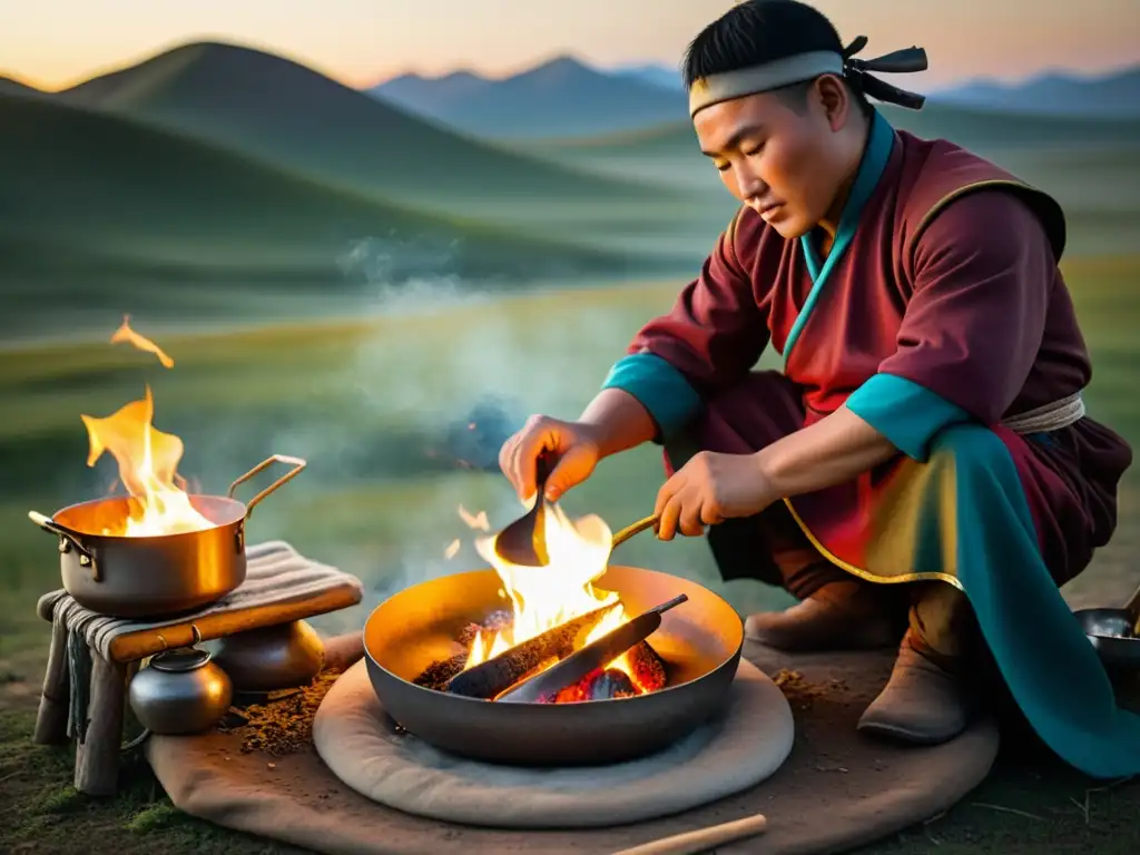 Un cocinero experto prepara un plato sobre fuego en la estepa de Mongolia al atardecer