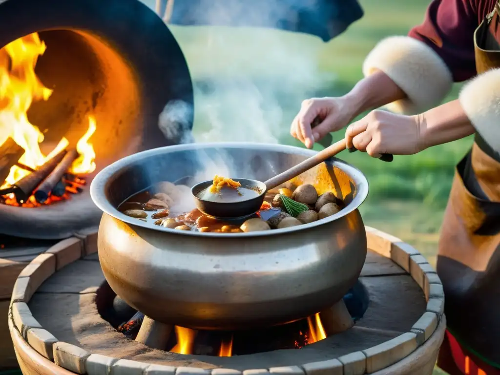 Un cocinero mongol remueve un caldero de guiso sobre fuego abierto, conectando sabores ancestrales con la cocina moderna mongola