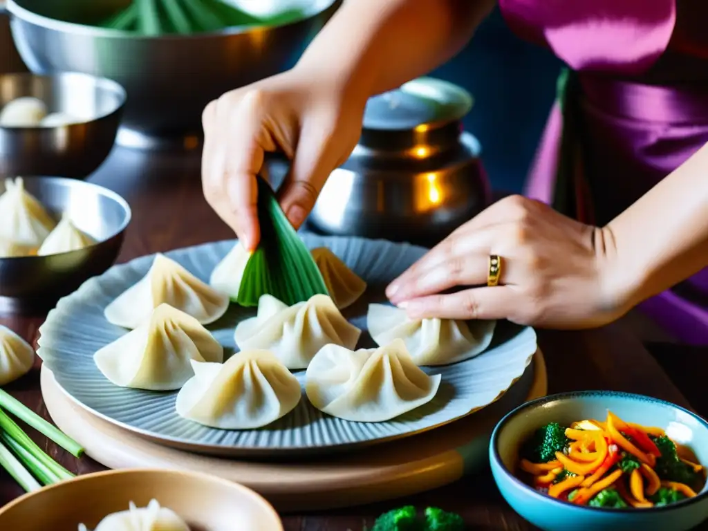 Un cocinero mongol hábil y detallista prepara dumplings tradicionales de Mongolia, con pliegues y detalles visibles