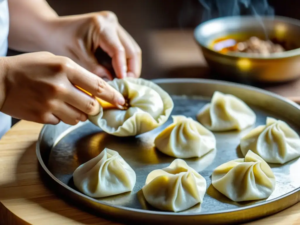 Un cocinero mongol experto prepara buuz con destreza, en una cocina rústica