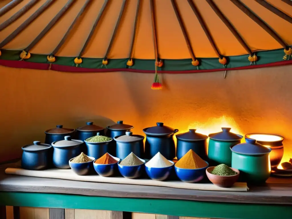 Un cocinero mongol experto prepara una mezcla de especias y hierbas en una cocina tradicional, evocando la rica herencia culinaria de Mongolia