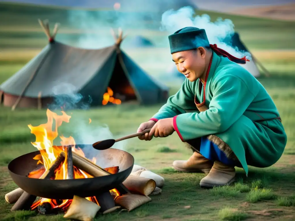 Un cocinero nómada experto prepara una receta tradicional en la estepa mongol utilizando técnicas de cocina al aire libre en Mongolia