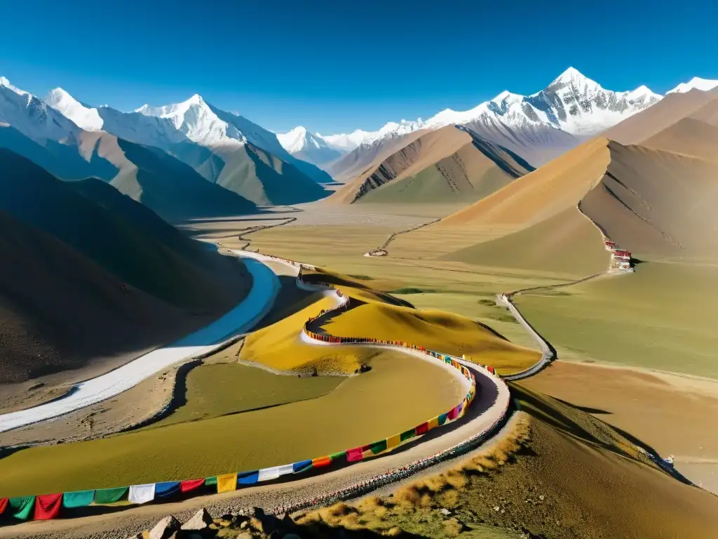 Peregrinación mongola hacia Tibet, con coloridas banderas de oración y picos nevados al fondo