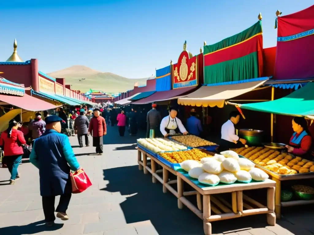 Coloridas calles de comida con puestos de buuz, khuushuur y tsuivan en lugares turísticos Ulán Bator