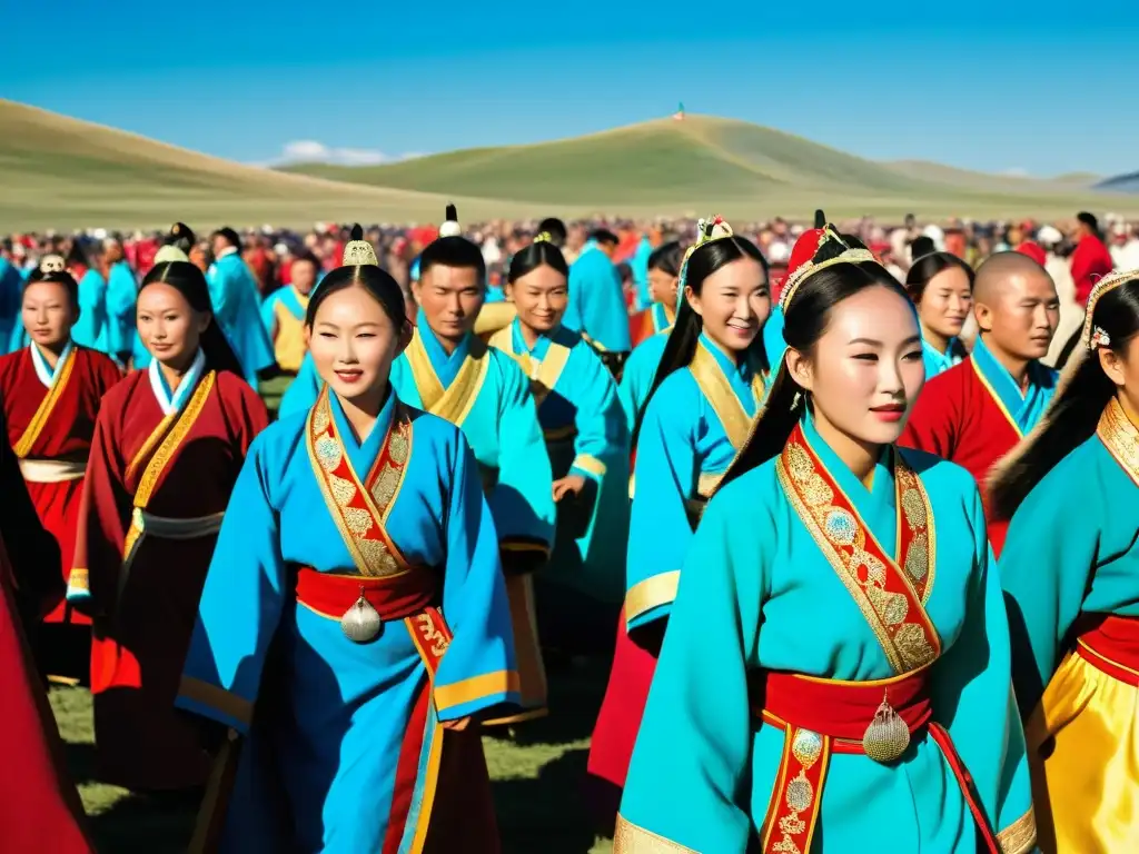 Colorido festival cultural mongol con integración de minorías étnicas en el Imperio Mongol, danzas y vestimentas tradicionales bajo cielo azul