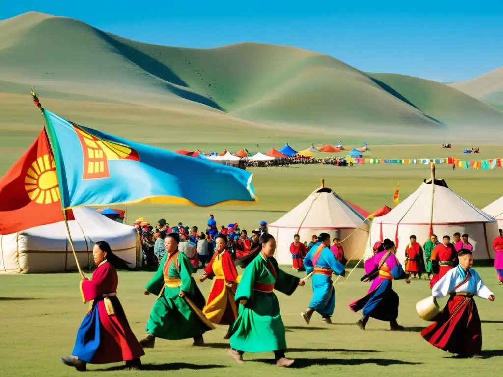 Colorido festival cultural en remoto pueblo mongol, con danzas, música, artesanías y banderas al viento