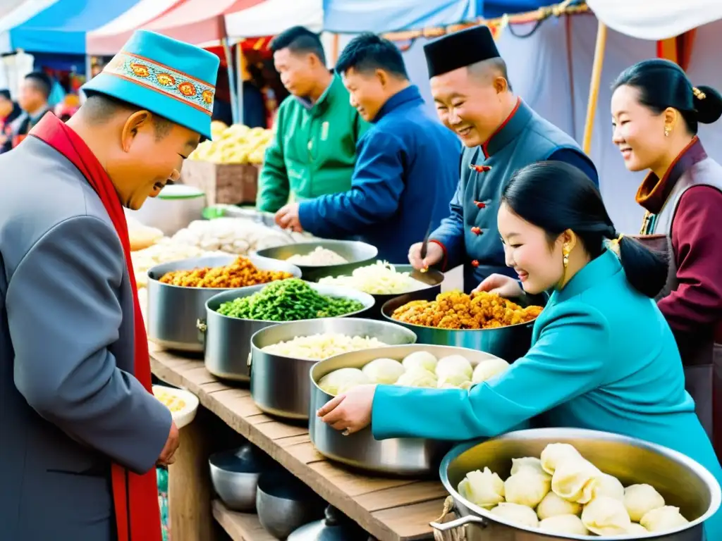 Colorido mercado al aire libre en Ulaanbaatar, Mongolia, con vendedores ofreciendo platos tradicionales mongoles