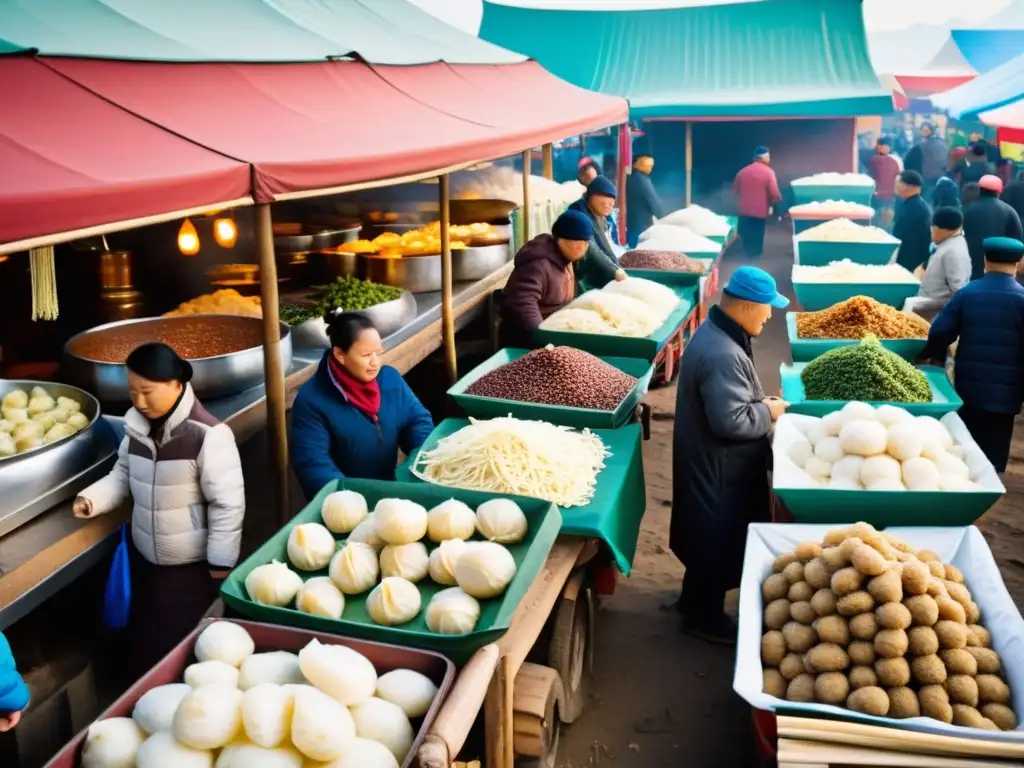 Colorido mercado de alimentos mongol con platos tradicionales y aromas tentadores en un entorno cultural único