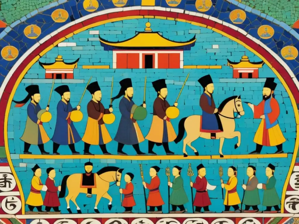 Colorido mosaico del Imperio Mongol en Medio Oriente, mostrando diversidad religiosa y convivencia armoniosa en un bullicioso mercado