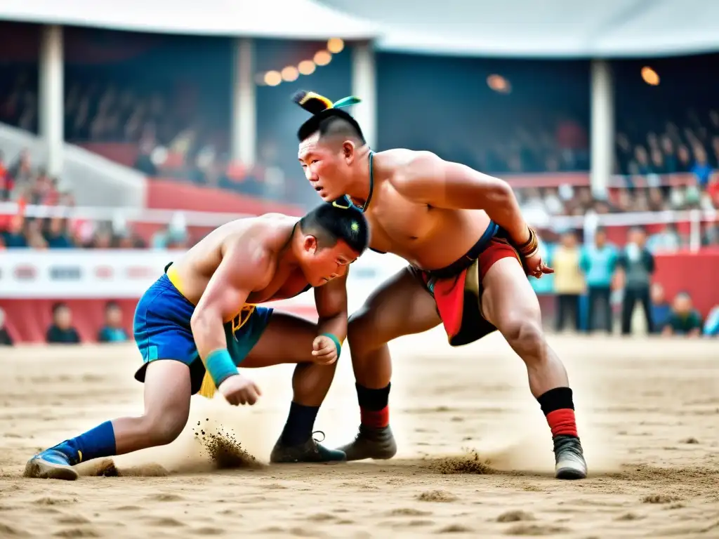 Combate de lucha libre mongola en polvorienta arena con espectadores animados, destacando la historia del Imperio Mongol