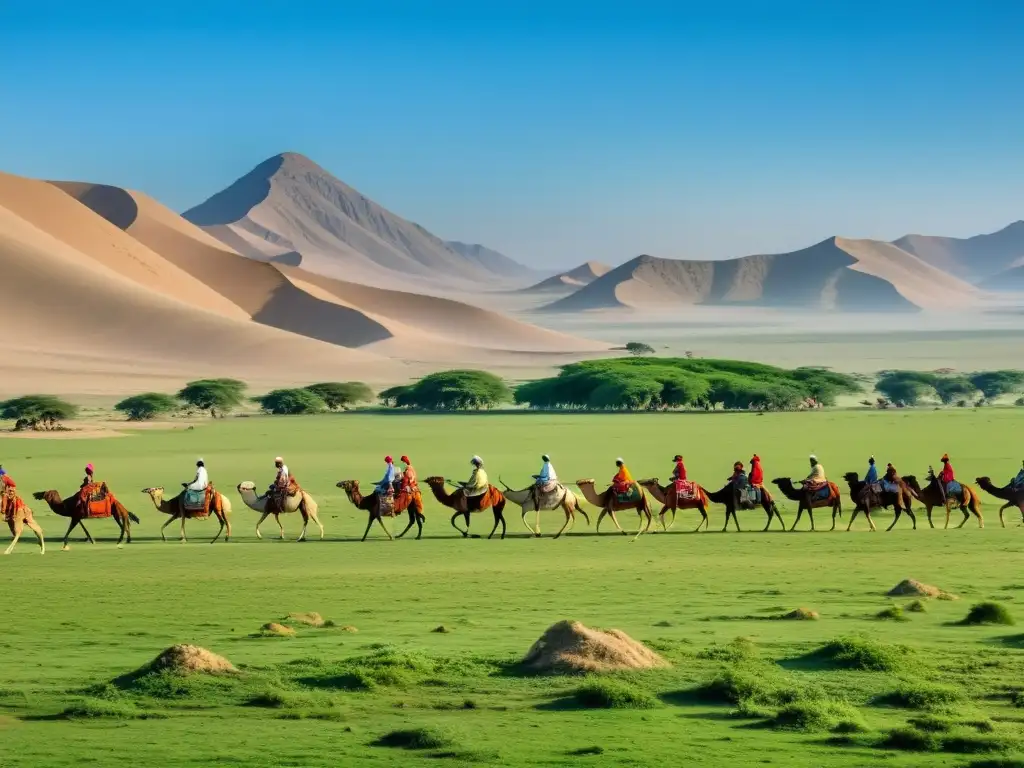 Comercio en la antigua Mongolia: Caravana de comerciantes recorriendo la vasta estepa, en un paisaje de belleza y comercio atemporal