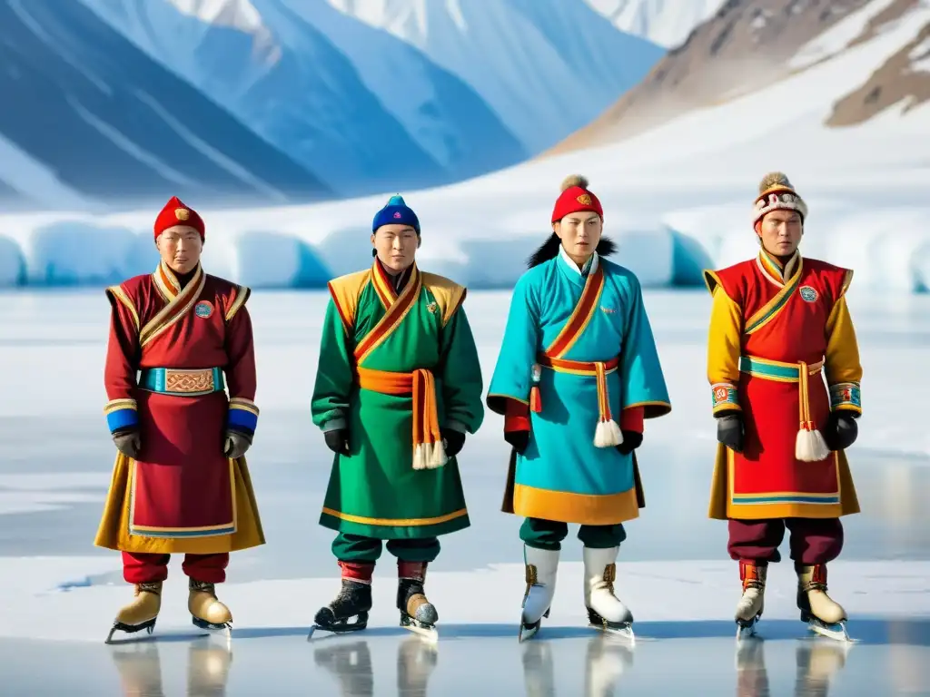 Competencia de deportes tradicionales en Mongolia: atletas en ropa invernal colorida compiten en una carrera de patinaje sobre hielo en un lago congelado, rodeados de montañas nevadas