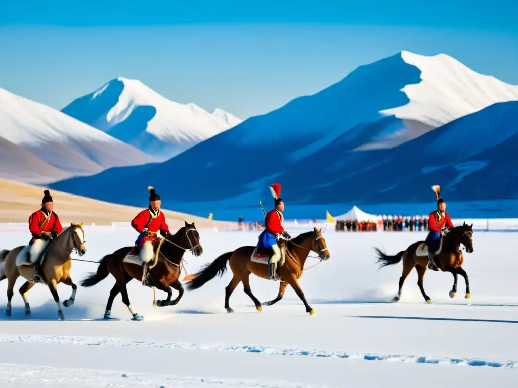 Competición de deportes tradicionales en Mongolia: atletas en paisaje nevado compitiendo en patinaje, carrera de caballos y tiro con arco en esquí