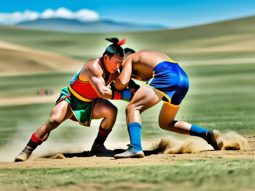 Competidores de lucha libre mongola en trajes tradicionales, mostrando la intensidad de las artes marciales del Imperio Mongol