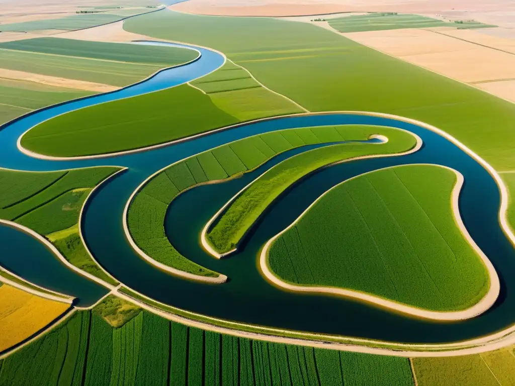 Compleja gestión del agua en Mongol: canales serpenteantes entre campos verdes y desiertos áridos, resaltando su innovador sistema de riego