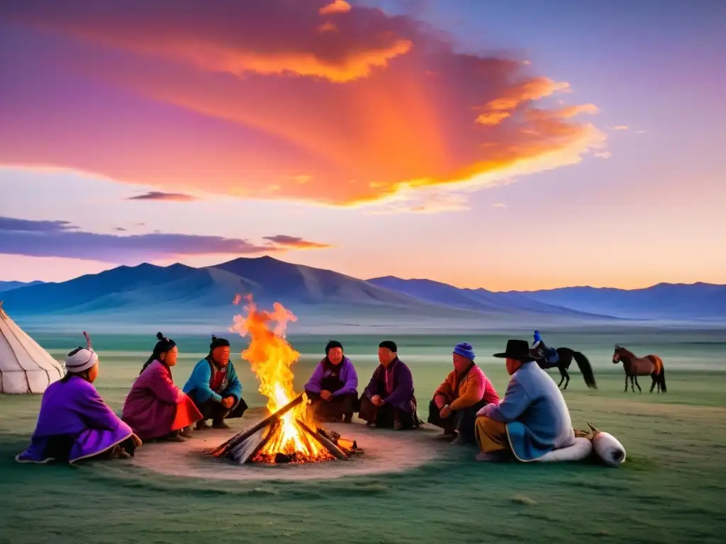 Comunidad nómada mongola disfrutando juegos y entretenimiento tradicional alrededor de una fogata al atardecer en la estepa abierta