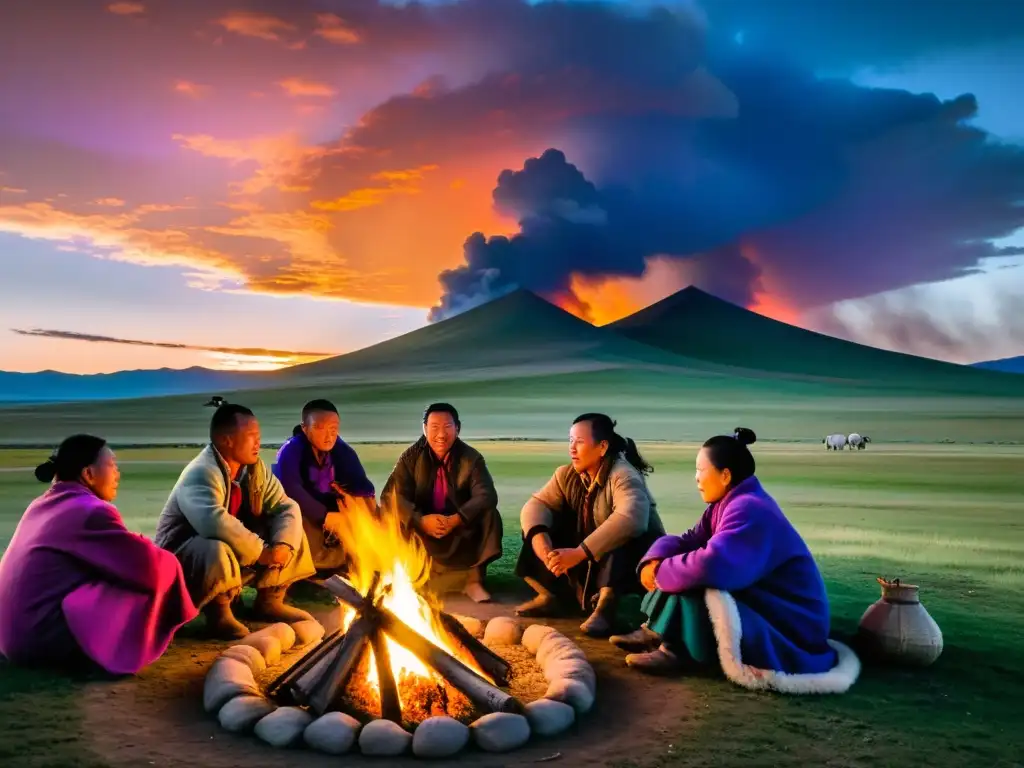 Comunidad nómada escucha líder alrededor del fuego en la estepa mongola al atardecer, mostrando la transformación digital sociedad nómada