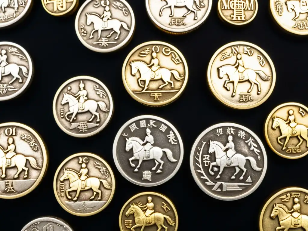 Un conjunto de monedas de plata del Imperio Mongol en detalle, con grabados detallados de jinetes a caballo y escritura mongola