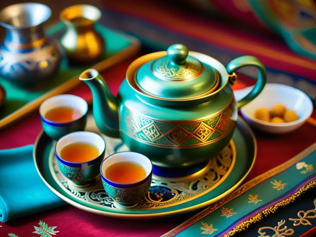 Un conjunto de té mongol tradicional auténtico, con una elaborada tetera y tazas decoradas, hojas de té y aperitivos sobre un mantel