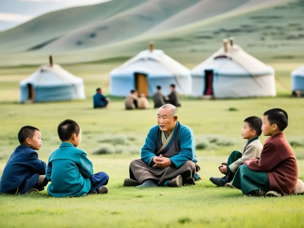 Transmisión de conocimientos en Mongolia: Anciano enseñando a niños mongolos tradiciones y valores en la estepa