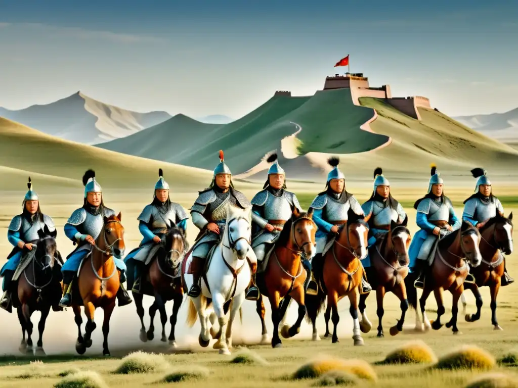 Conquista mongola del imperio China: Ejército de Genghis Khan a caballo en las estepas, con detalle y realismo impresionantes