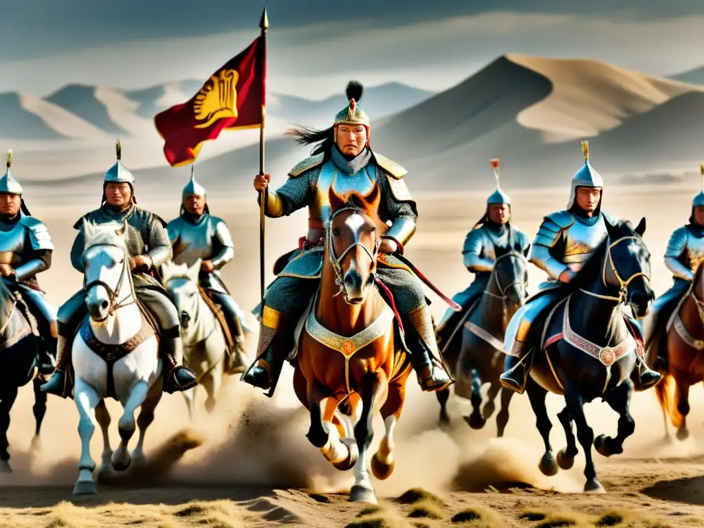 Conquista del Legado de Genghis Khan Imperio: imagen 8k detallada del líder mongol a caballo, rodeado de guerreros y paisajes épicos