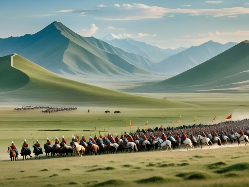 Conquistas del Imperio Mongol: Impresionante horda mongola a caballo en las vastas estepas de Eurasia, evocando poder y grandeza