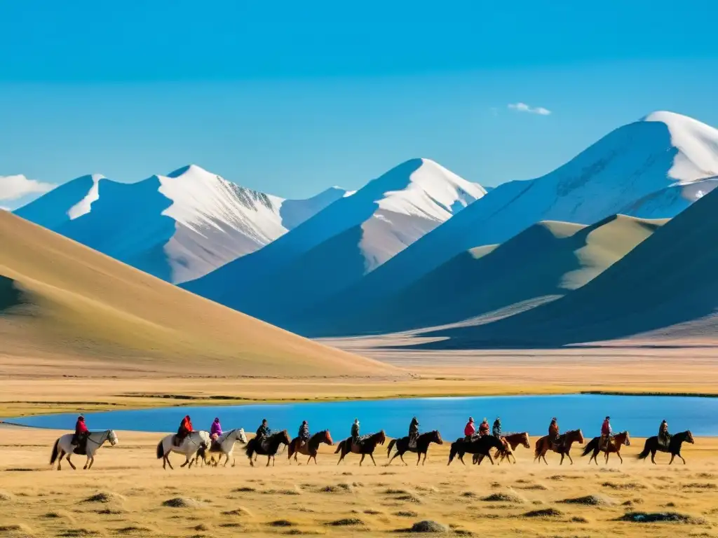 Conquistas del Imperio Mongol: Paisaje vasto de la estepa mongol con yurtas tradicionales, pastoreo y jinetes nómadas en un cielo azul brillante