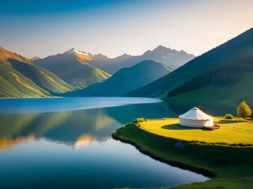 Consejos para viajar al Lago Khövsgöl: Atardecer dorado sobre aguas cristalinas, montañas y yurtas en la orilla, un bote solitario surca la calma