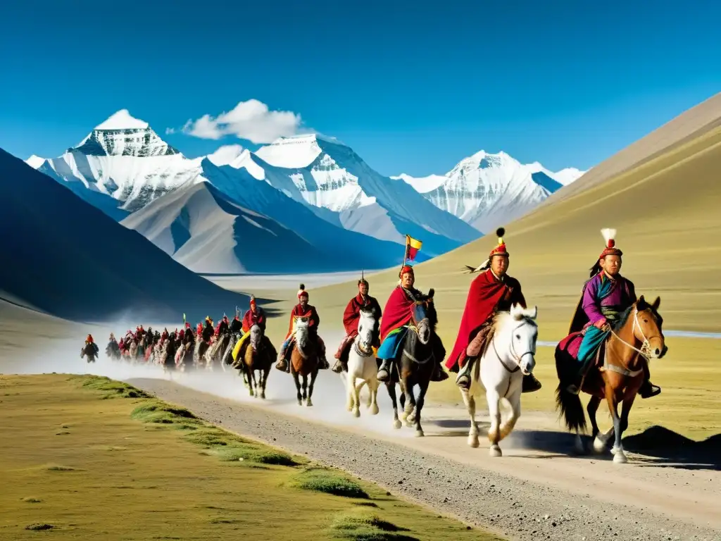 Jinetes mongoles en la meseta tibetana Contacto entre Imperio Mongol y Tíbet: Jinetes atraviesan el árido terreno del altiplano tibetano, ondeando sus vistosas banderas
