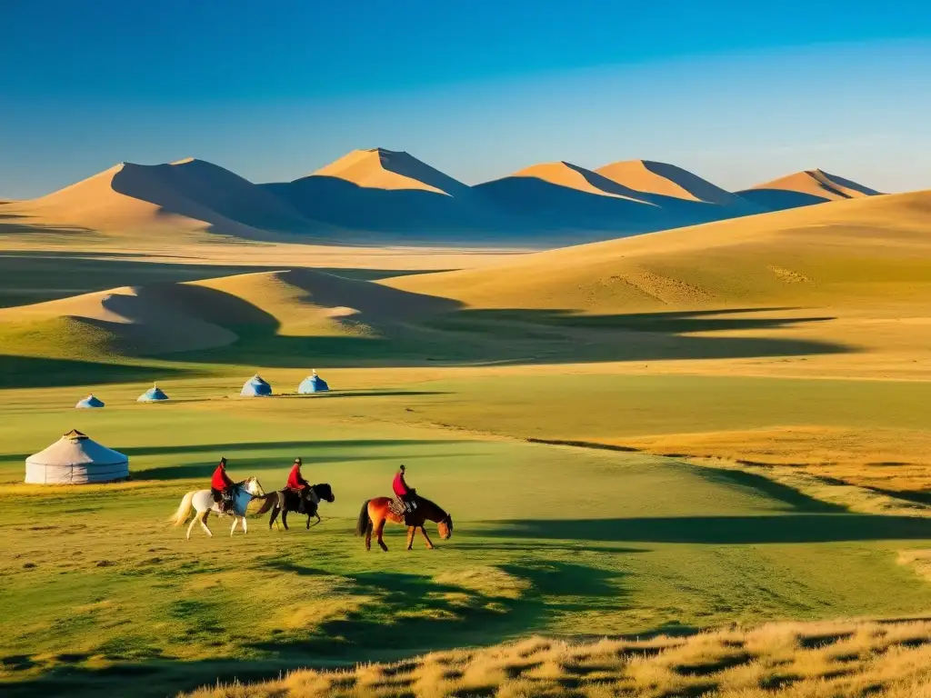 Esencia de la estepa mongol: naturaleza y espíritu humano Contacto entre Imperio Mongol y Tíbet: Escena impresionante de la estepa mongola con yurtas y jinete solitario