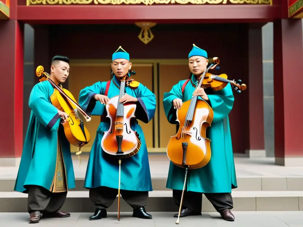 Música mongola contemporánea cultura: Músicos tocando morin khuur y fusionando tradición con hip hop en un entorno urbano