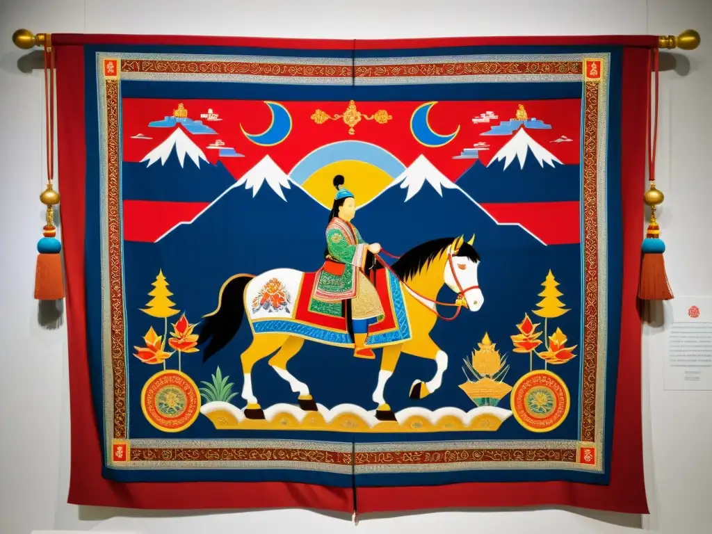 Exposición contemporánea de tapices y bordados inspirados en la historia del Imperio Mongol, con colores vibrantes y patrones intrincados