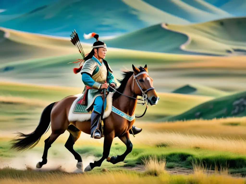 Contribuciones artísticas del Imperio Mongol: Pintura detallada de un guerrero mongol a caballo, con armadura tradicional y un arco decorado, destacando en las extensas praderas