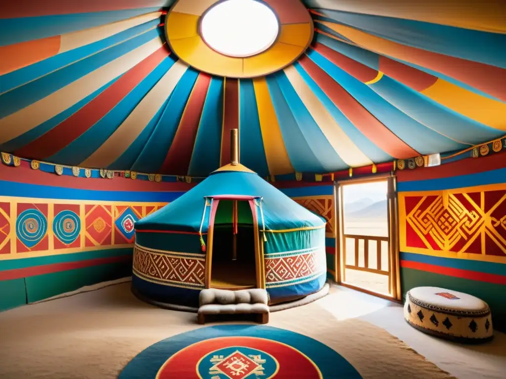 Contribuciones artísticas del Imperio Mongol: Detalle de yurta tradicional con vibrante mural pintado a mano y patrones geométricos coloridos