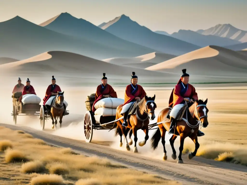 Un convoy de carros tirados por caballos atraviesa la estepa mongol durante el Imperio Mongol, mostrando su innovador transporte y logística