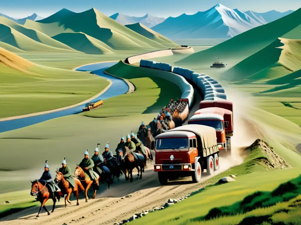 Un convoy militar del Imperio Mongol atraviesa un paisaje desafiante, destacando la logística militar del Imperio Mongol