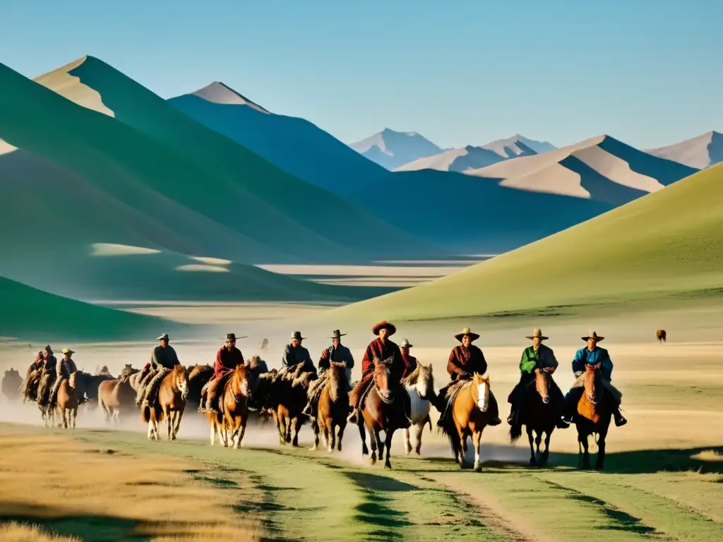 Un convoy de pastores nómadas montados a caballo y guiando su ganado a través de las vastas estepas de Mongolia