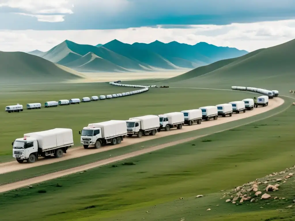 Convoys de suministros cruzando el vasto paisaje mongol, resaltando la importancia de recursos sostenibles en las campañas militares